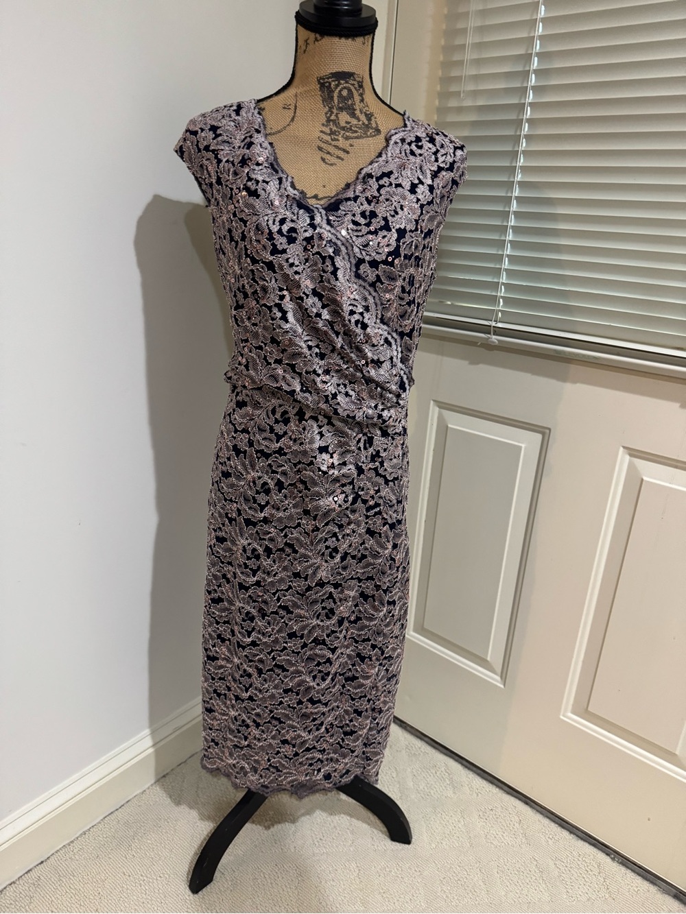 Jessica Howard Dusty Rose Lace Overlay on Navy Midi Dress